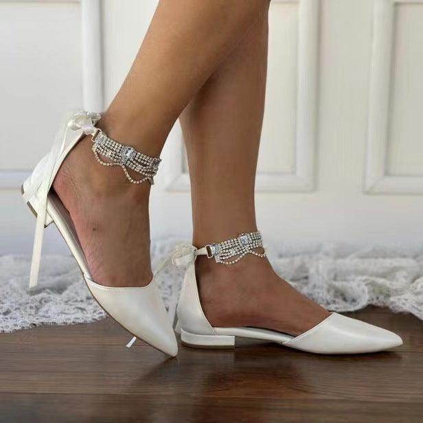 White Rhinestone Ankle Strap Pointy Flat Shoes 738090030997 - COCOMELODY